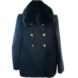 Express Navy Double Breasted Pea Coat /w Gold Buttons & Black Faux fur collar XS